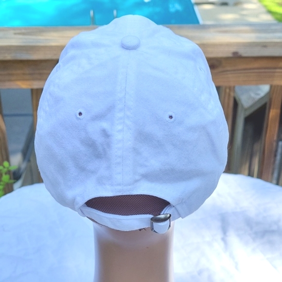 White cap, navy sailboat on light blue seersucker background,  adjustable back - Picture 4 of 8